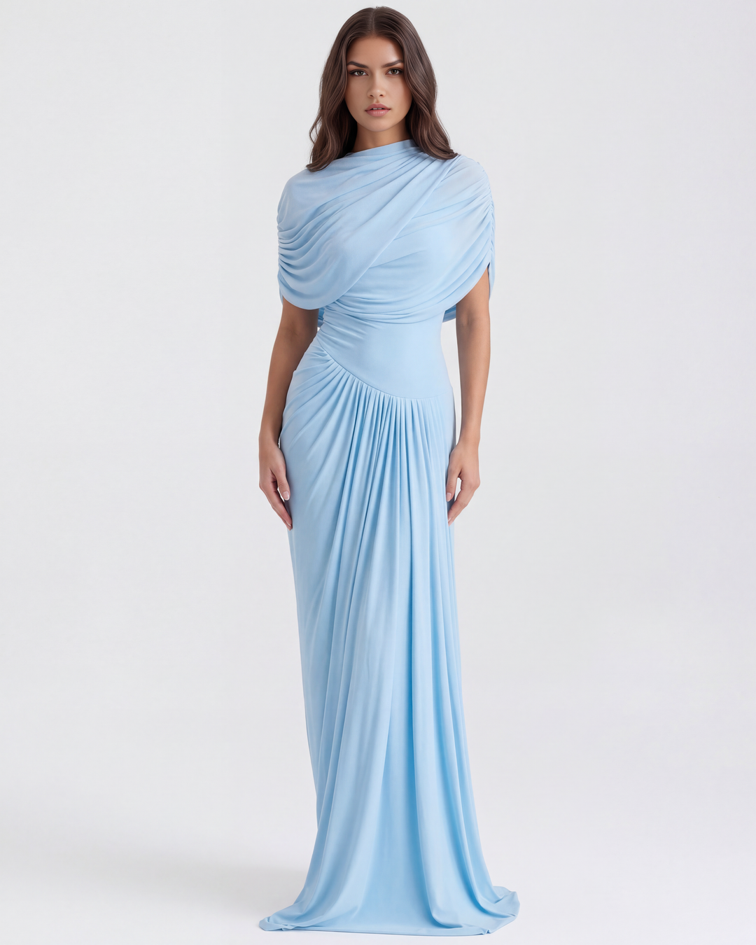 LUCIA - VESTIDO MAXI DRAPEADO ASIMÉTRICO CON CHAL AZUL BEBÉ