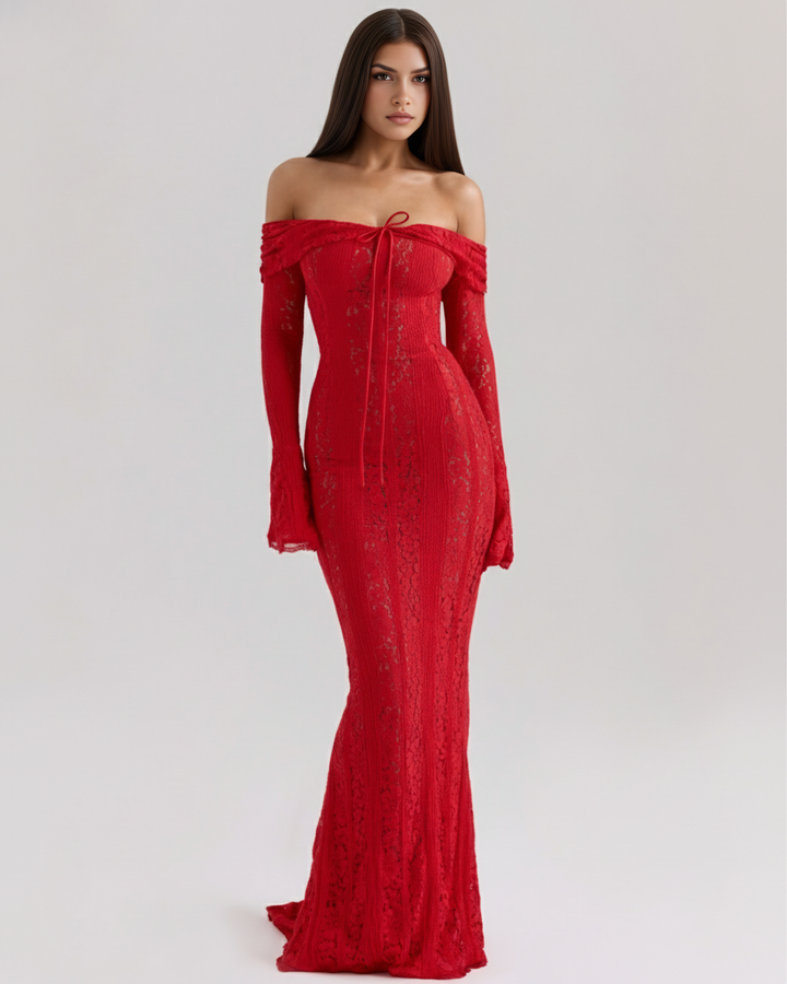 ENCARNACIÓN - VESTIDO MAXI ROJO DE ENCAJE CON HOMBROS DESCUBIERTOS