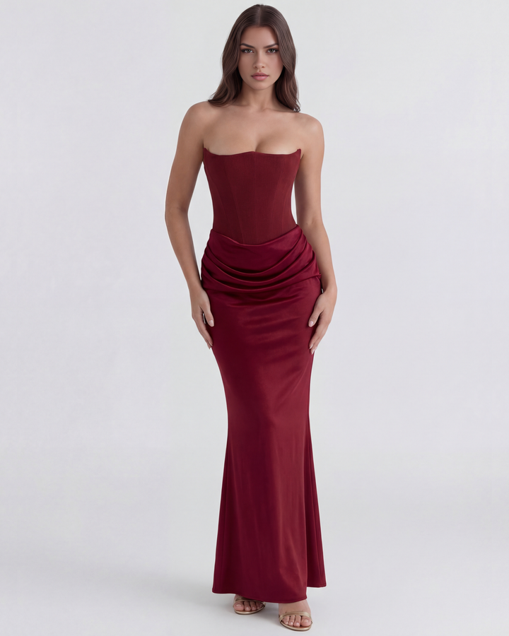 SONIA - VESTIDO MAXI CORSET SIN TIRANTES BURDEOS