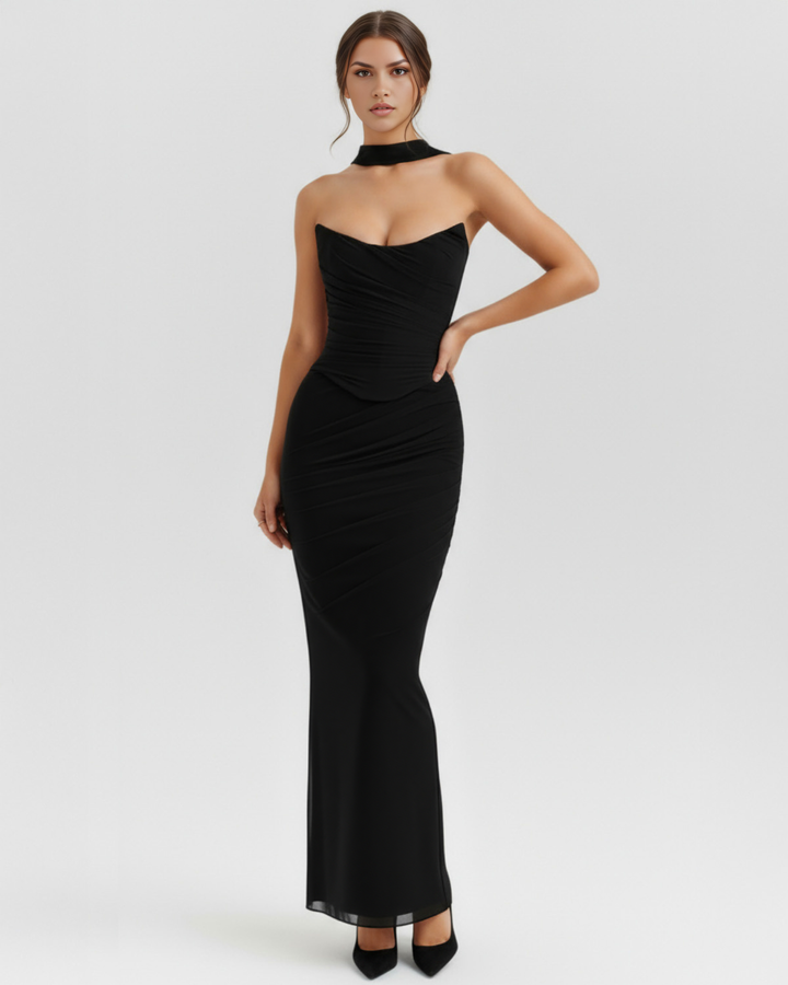 NADIA - CONJUNTO DOS PIEZAS NEGRO EN MALLA CON FALDA MAXI