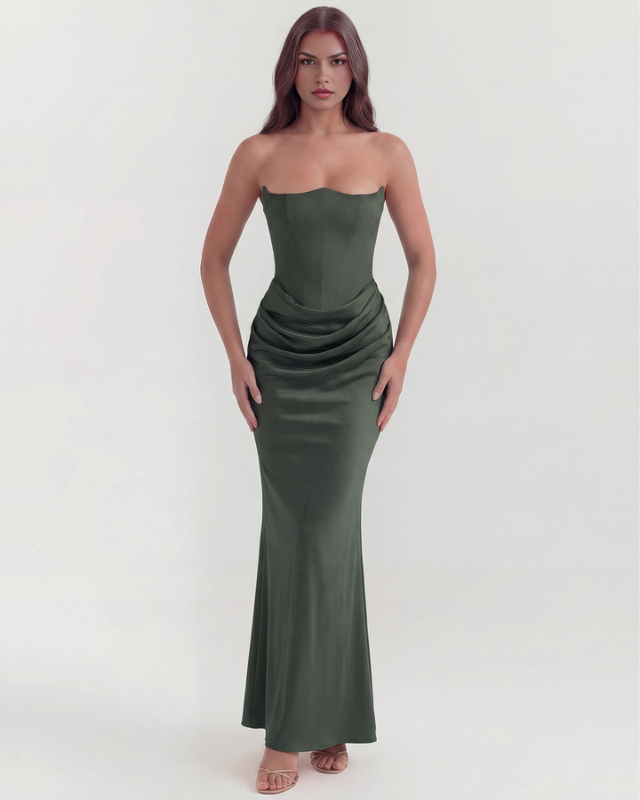 CARMEN - VESTIDO MAXI CORSET SIN TIRANTES VERDE BOSQUE