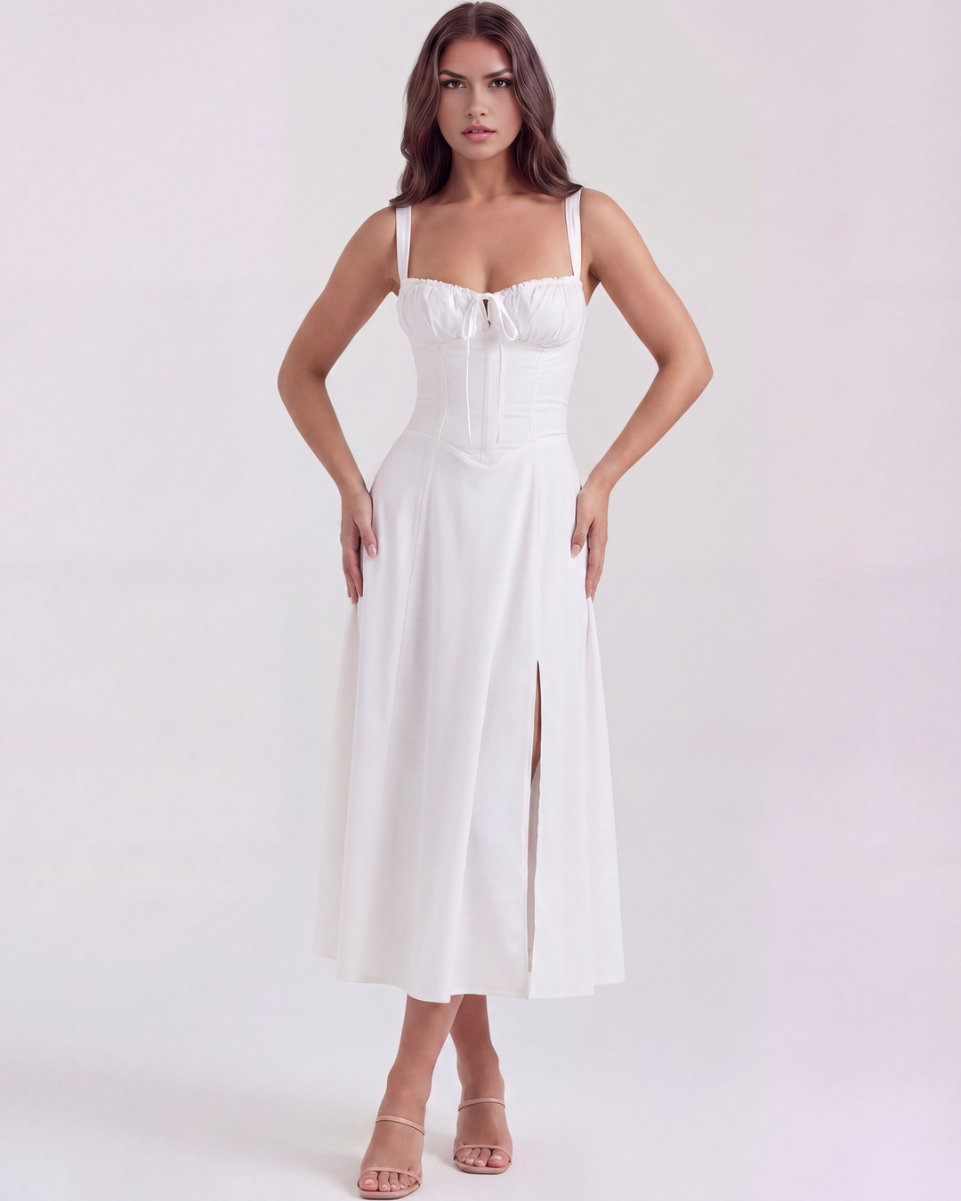 PAULA - VESTIDO MIDI CORSET CON ABERTURA LATERAL BLANCO
