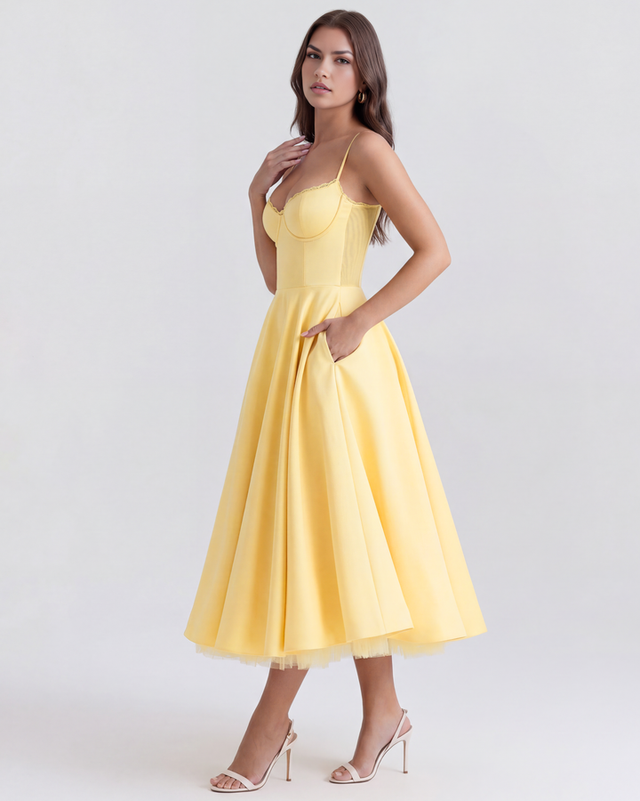 MARIANA - VESTIDO MIDI CON TUL AMARILLO SUAVE