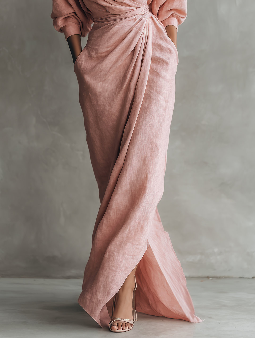FABIANA - VESTIDO LARGO MINIMALISTA ROSA CON ESCOTE EN V DE MEZCLA DE LINO