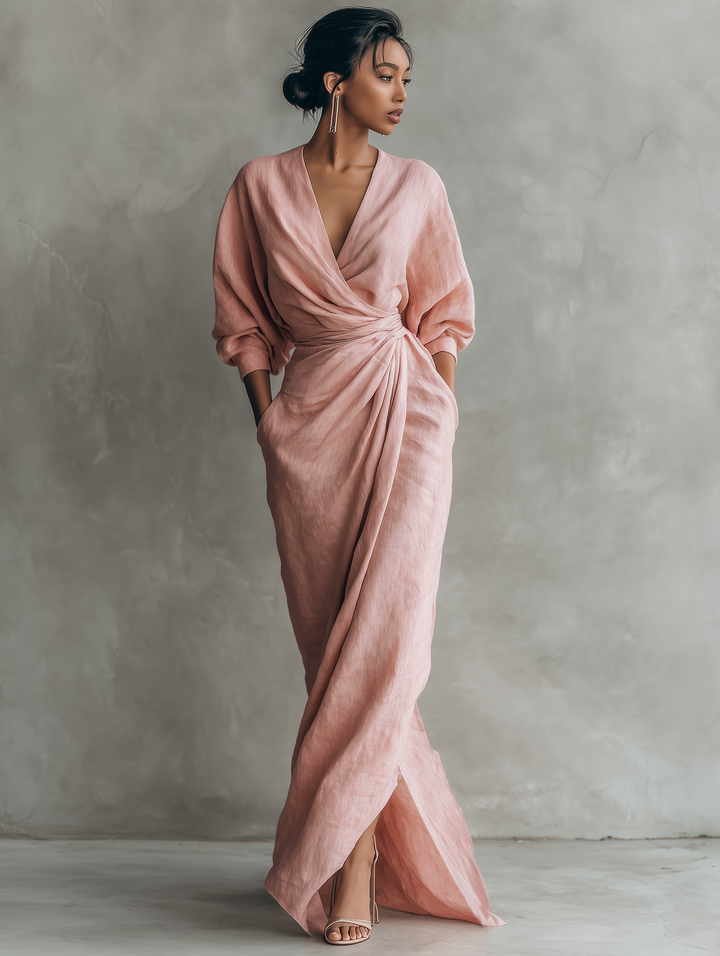 FABIANA - VESTIDO LARGO MINIMALISTA ROSA CON ESCOTE EN V DE MEZCLA DE LINO