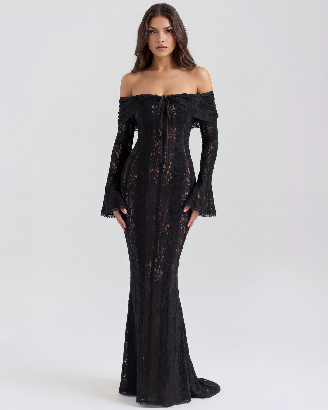 YOLANDA - VESTIDO MAXI ENCAJE HOMBROS DESCUBIERTOS NEGRO