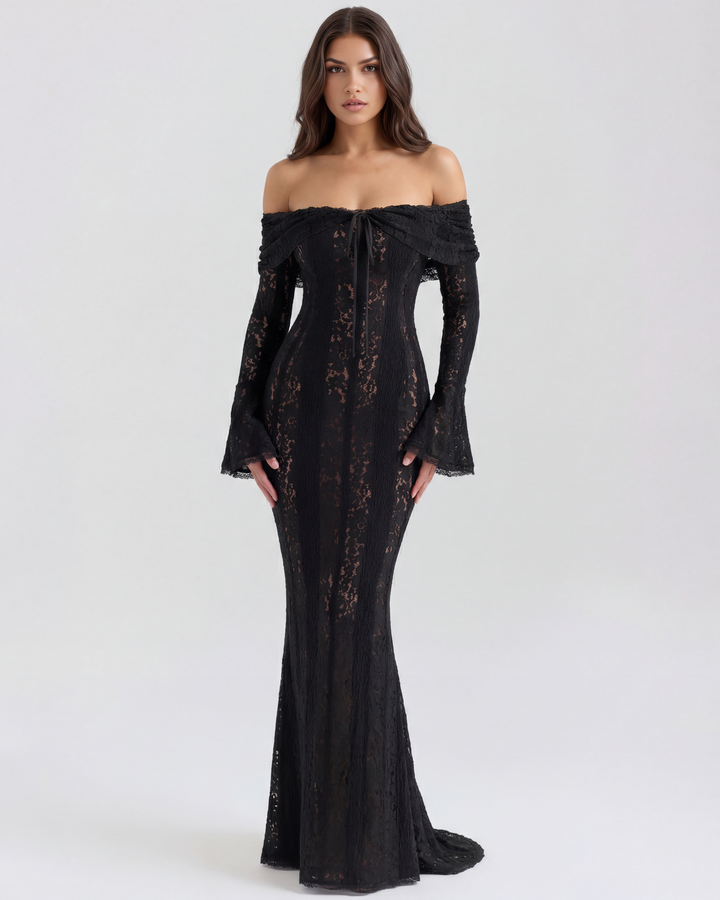 YOLANDA - VESTIDO MAXI ENCAJE HOMBROS DESCUBIERTOS NEGRO