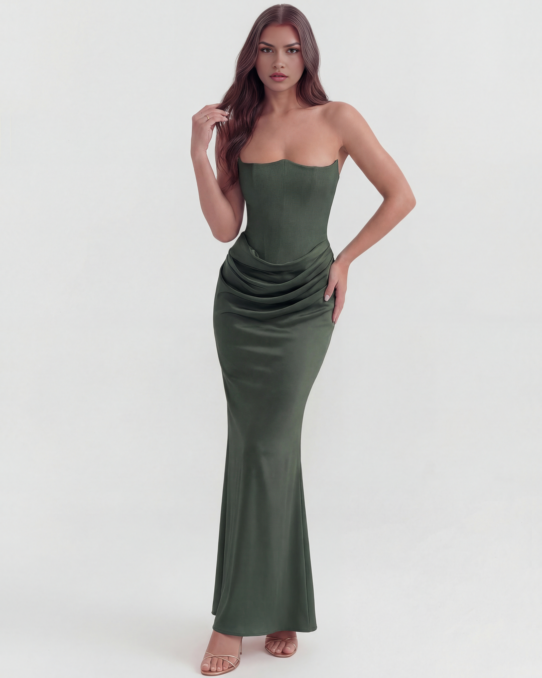 CARMEN - VESTIDO MAXI CORSET SIN TIRANTES VERDE BOSQUE