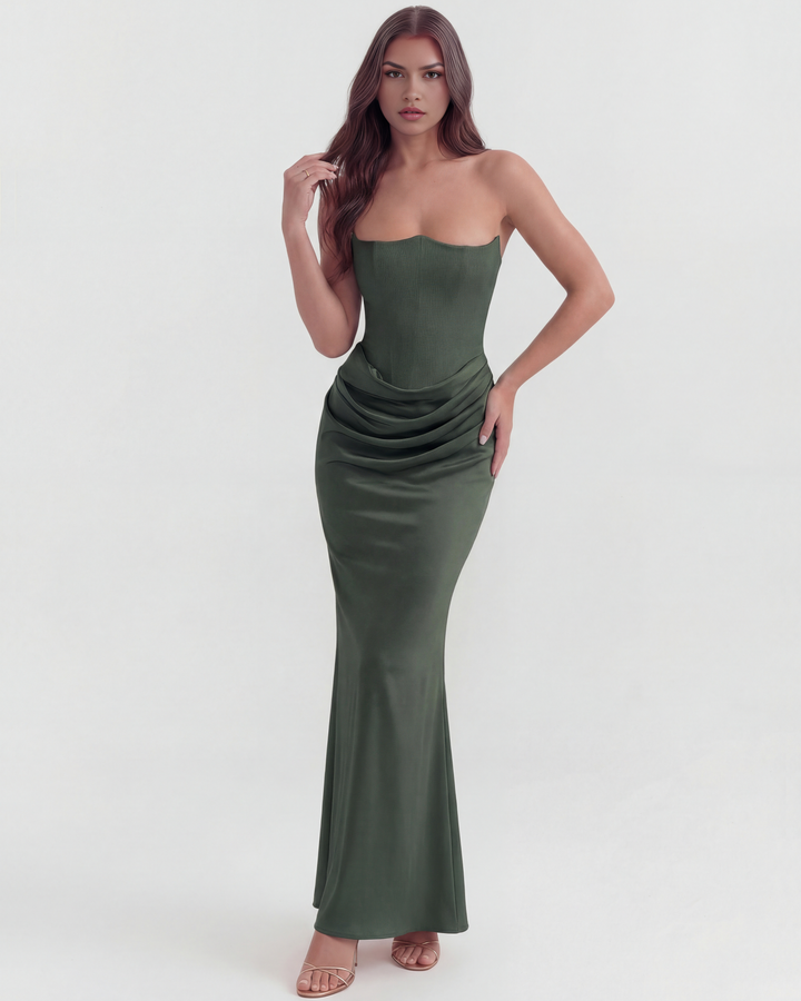 CARMEN - VESTIDO MAXI CORSET SIN TIRANTES VERDE BOSQUE
