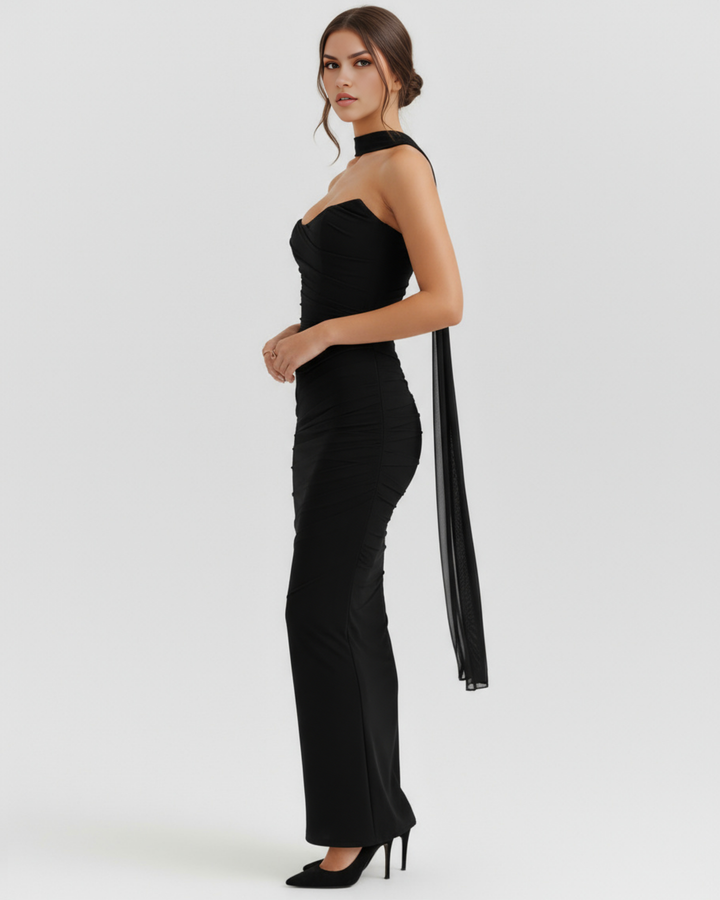 NADIA - CONJUNTO DOS PIEZAS NEGRO EN MALLA CON FALDA MAXI