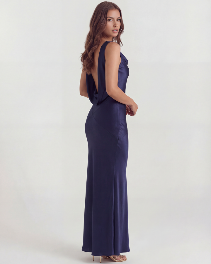 JULIA - VESTIDO MAXI SATÉN ESPALDA ABIERTA AZUL NOCHE