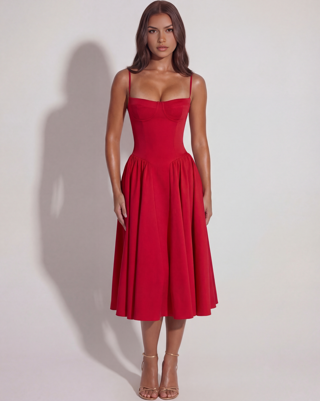 ROJA - VESTIDO MIDI ROJO CON ESCOTE CORAZÓN Y BOLSILLOS