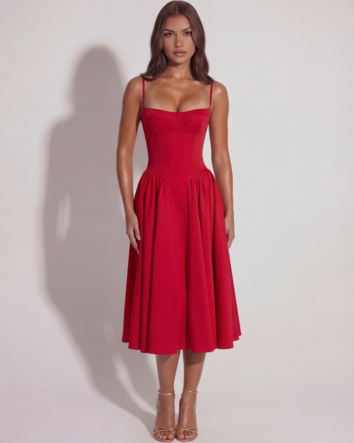 ROJA - VESTIDO MIDI ROJO CON ESCOTE CORAZÓN Y BOLSILLOS