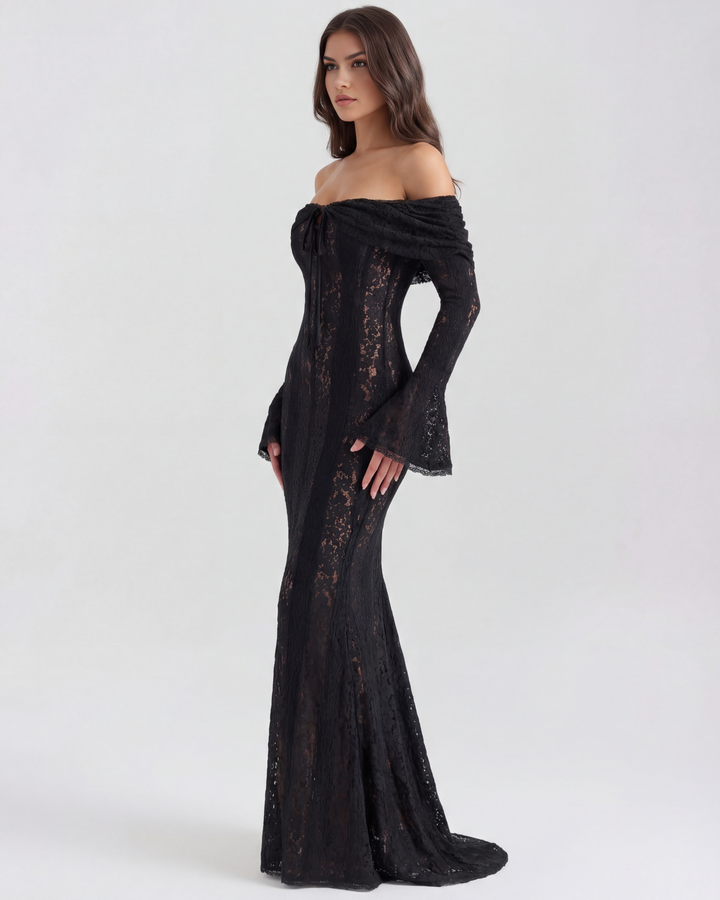 YOLANDA - VESTIDO MAXI ENCAJE HOMBROS DESCUBIERTOS NEGRO
