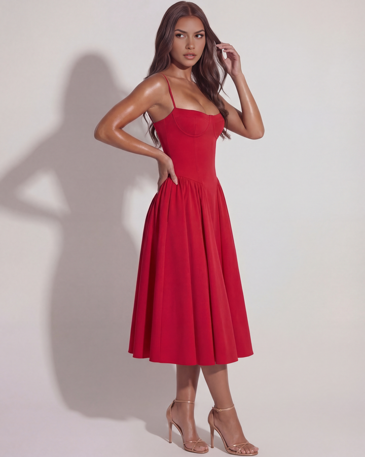 ROJA - VESTIDO MIDI ROJO CON ESCOTE CORAZÓN Y BOLSILLOS