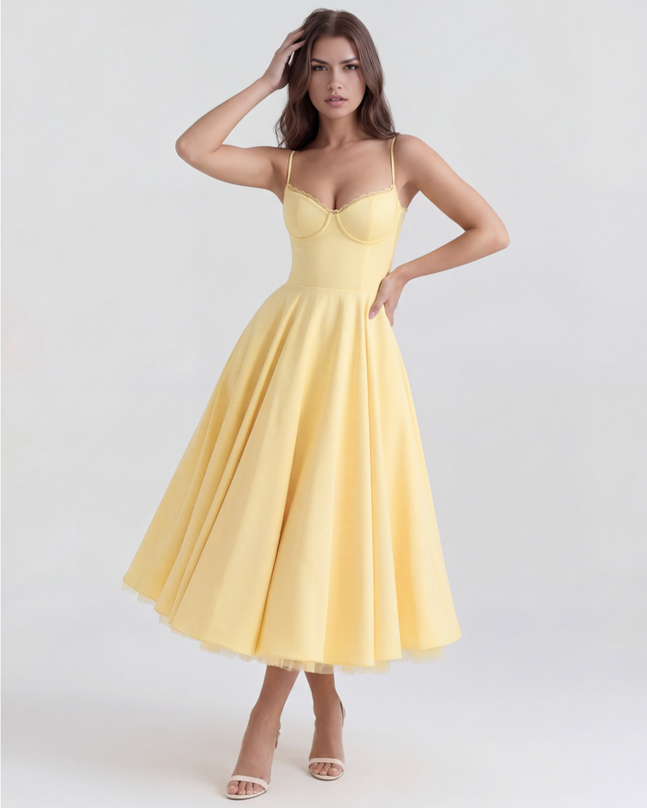 MARIANA - VESTIDO MIDI CON TUL AMARILLO SUAVE