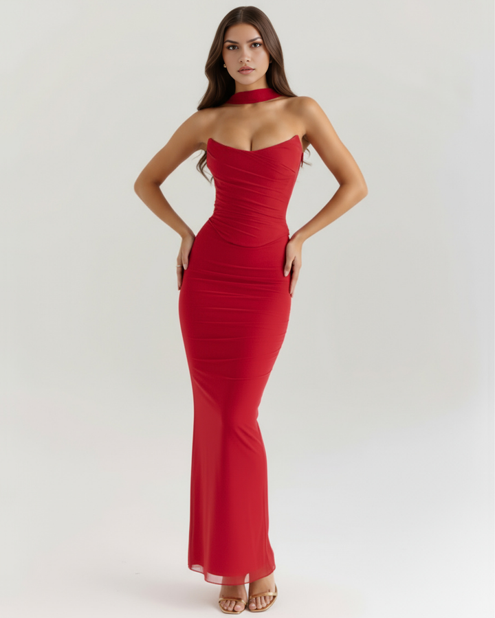 LOLA - CONJUNTO DOS PIEZAS ROJO EN MALLA CON FALDA MAXI