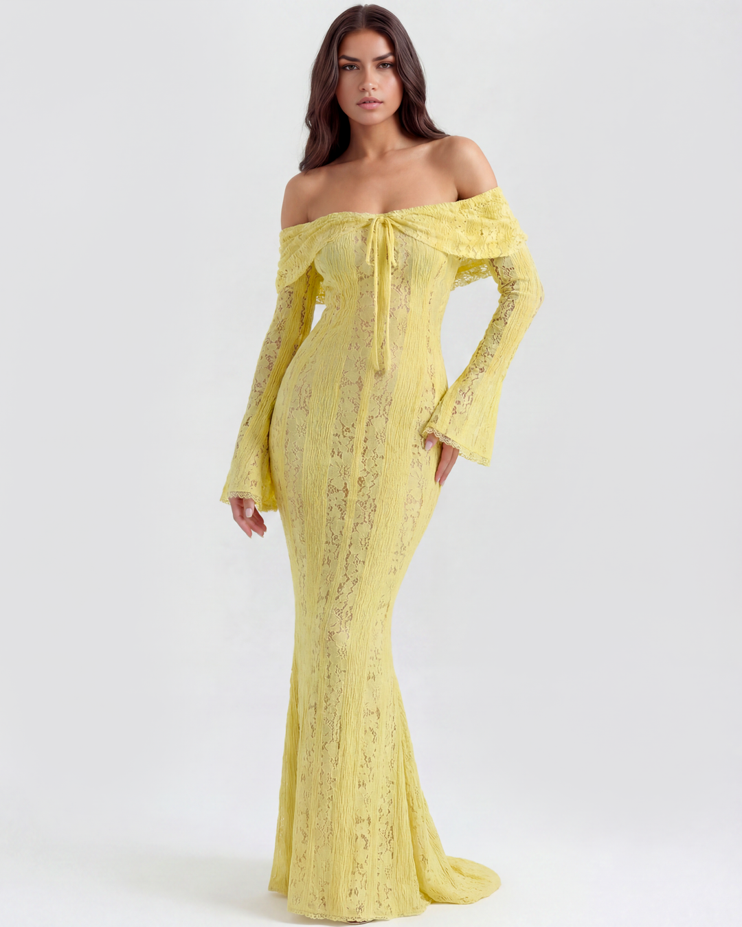 SOLEDAD - VESTIDO MAXI AMARILLO DE ENCAJE CON HOMBROS DESCUBIERTOS