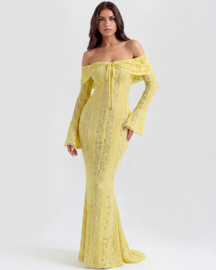 SOLEDAD - VESTIDO MAXI AMARILLO DE ENCAJE CON HOMBROS DESCUBIERTOS