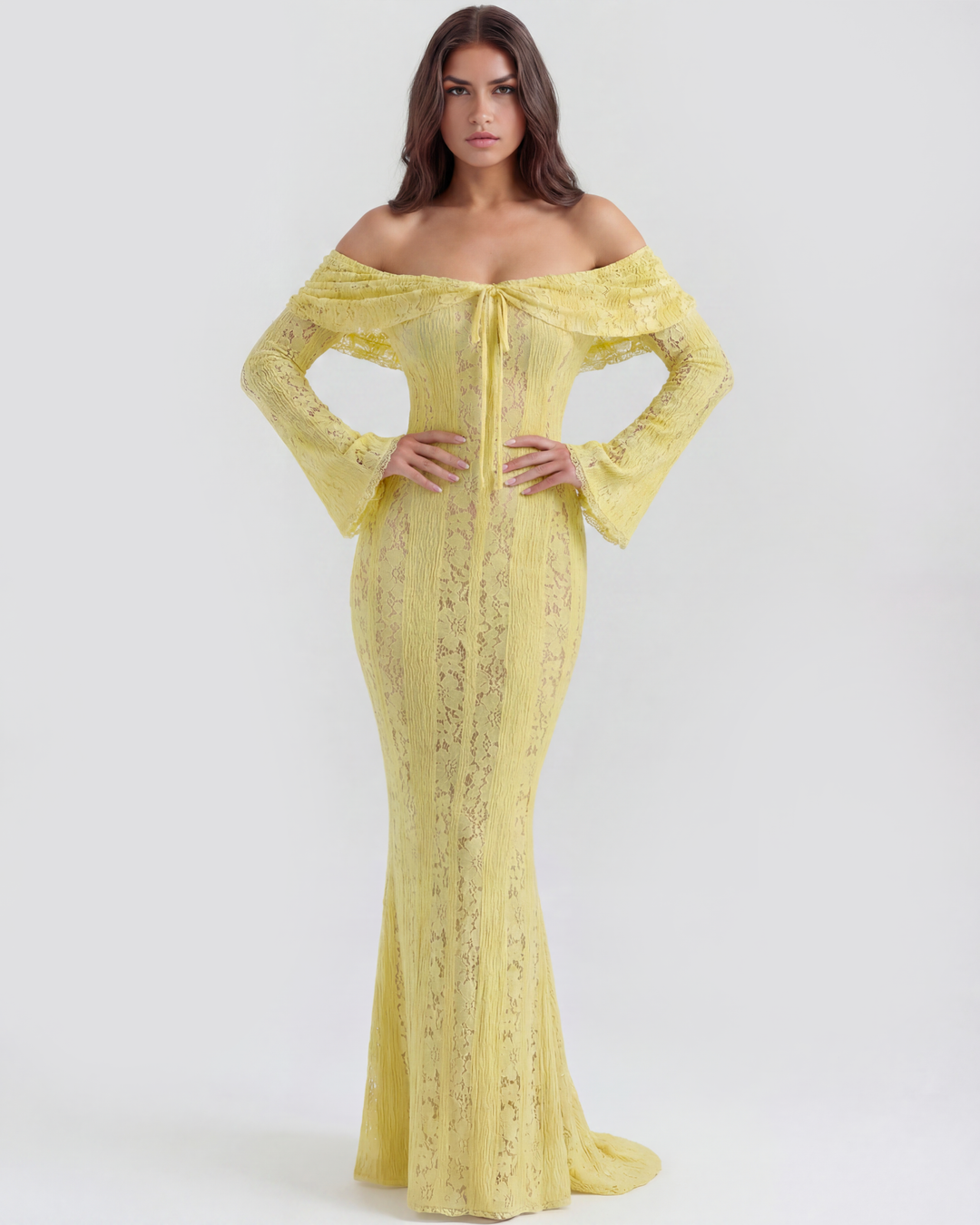 SOLEDAD - VESTIDO MAXI AMARILLO DE ENCAJE CON HOMBROS DESCUBIERTOS