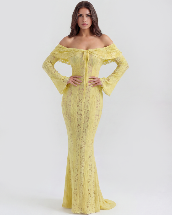 SOLEDAD - VESTIDO MAXI AMARILLO DE ENCAJE CON HOMBROS DESCUBIERTOS