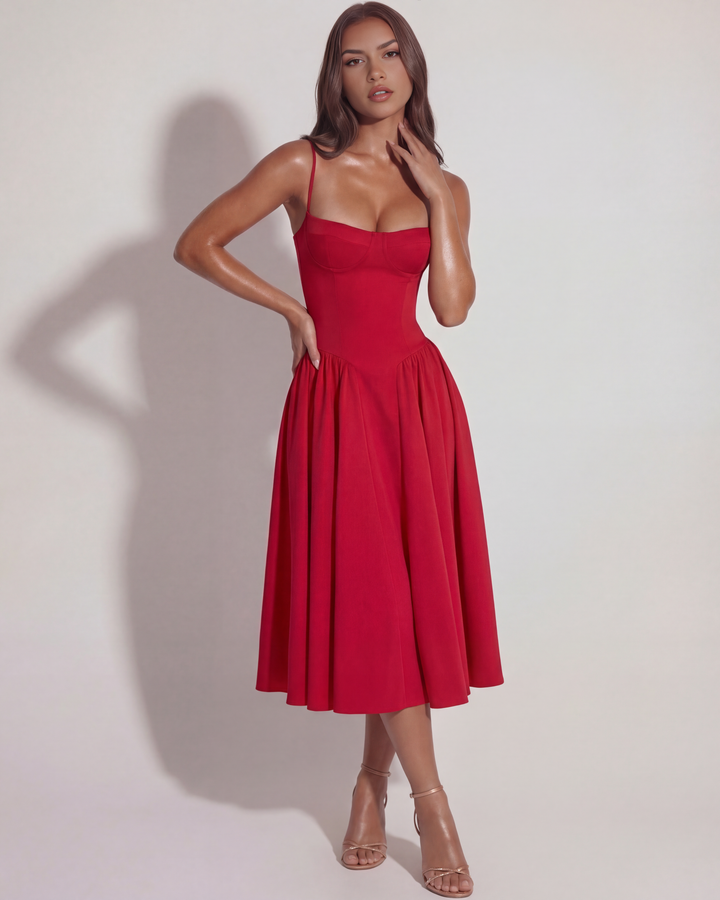 ROJA - VESTIDO MIDI ROJO CON ESCOTE CORAZÓN Y BOLSILLOS