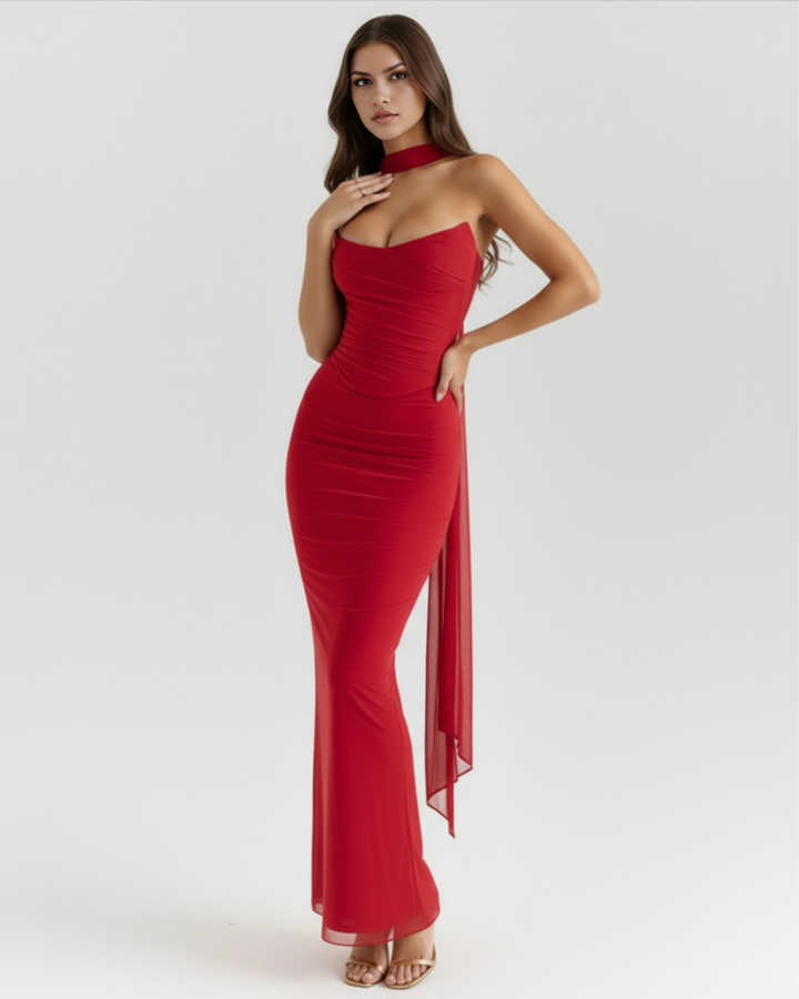 LOLA - CONJUNTO DOS PIEZAS ROJO EN MALLA CON FALDA MAXI