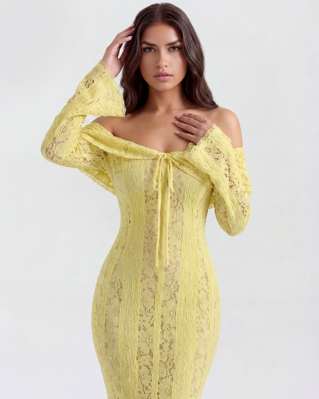 SOLEDAD - VESTIDO MAXI AMARILLO DE ENCAJE CON HOMBROS DESCUBIERTOS