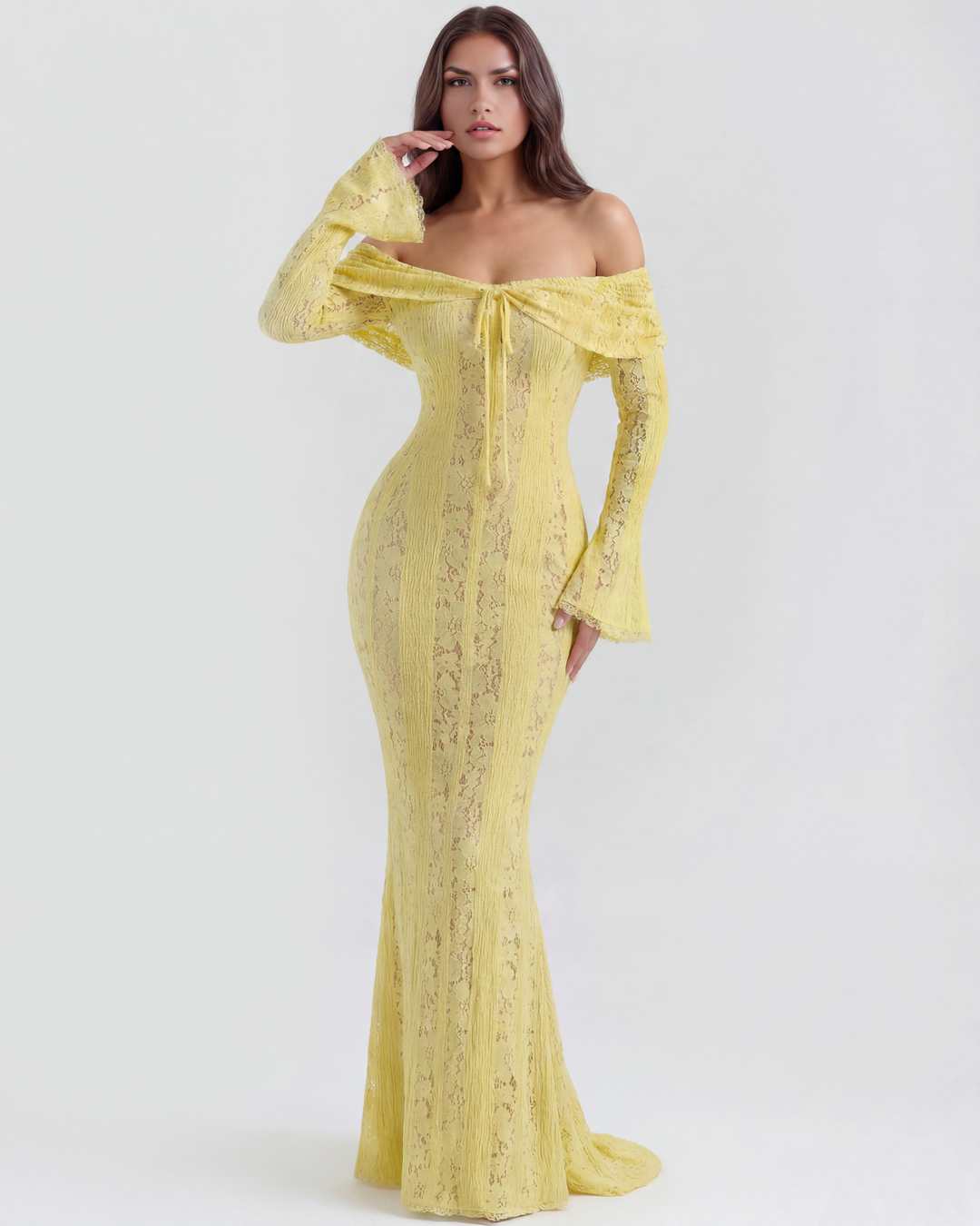 SOLEDAD - VESTIDO MAXI AMARILLO DE ENCAJE CON HOMBROS DESCUBIERTOS
