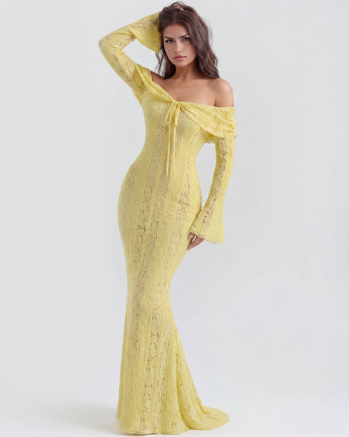 SOLEDAD - VESTIDO MAXI AMARILLO DE ENCAJE CON HOMBROS DESCUBIERTOS