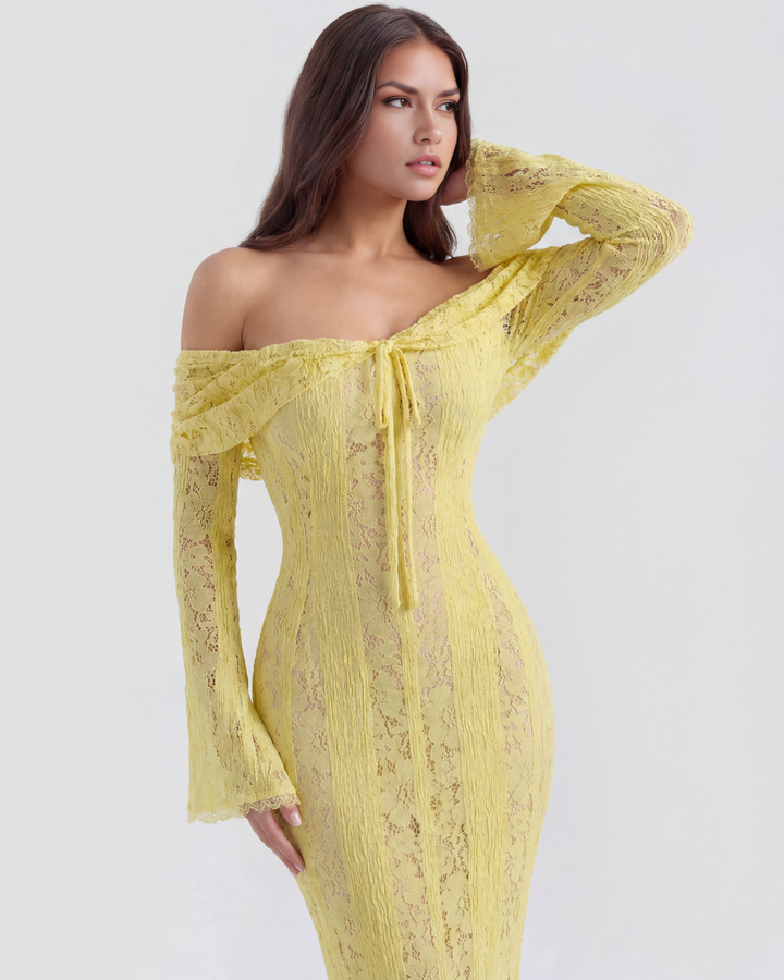 SOLEDAD - VESTIDO MAXI AMARILLO DE ENCAJE CON HOMBROS DESCUBIERTOS