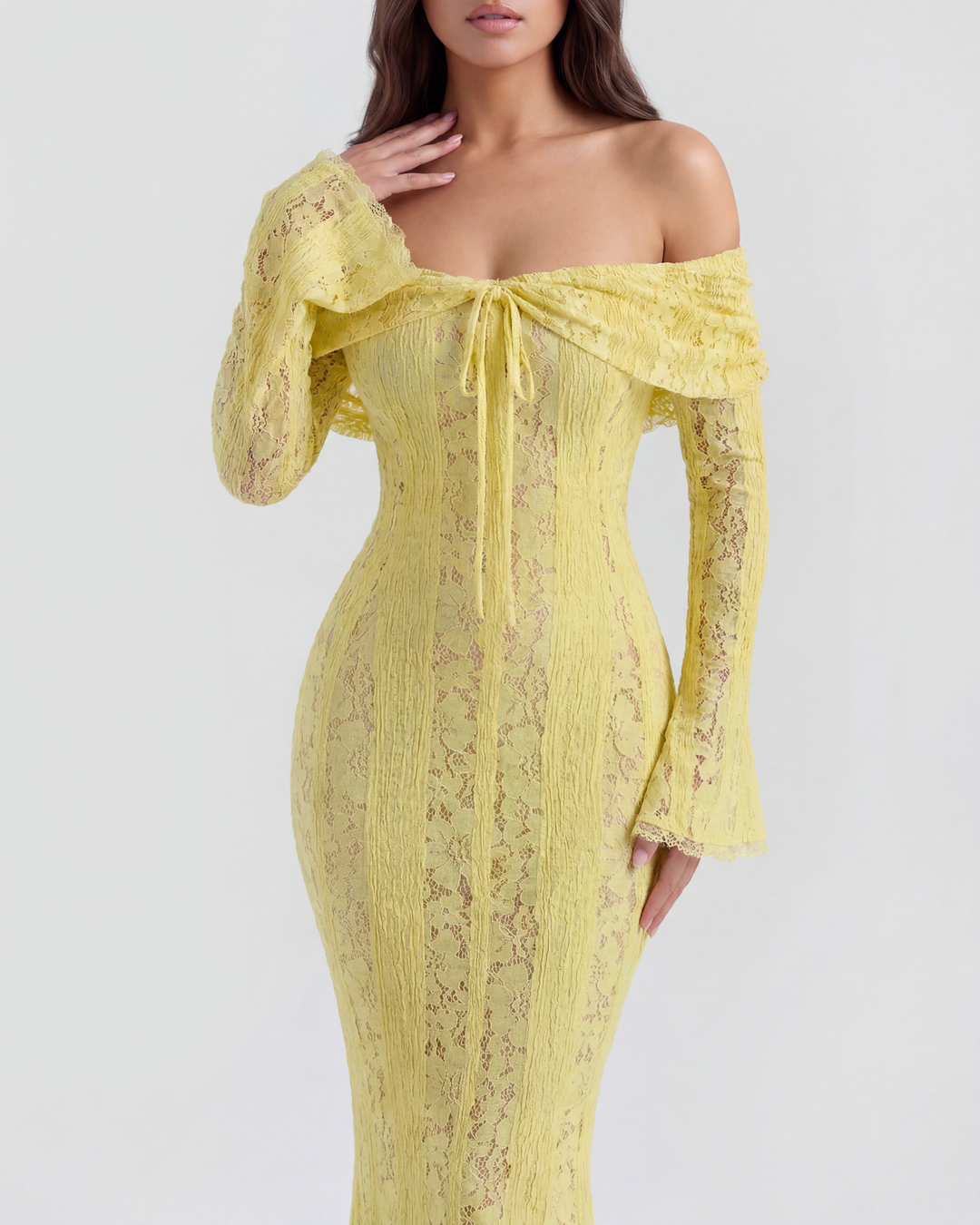 SOLEDAD - VESTIDO MAXI AMARILLO DE ENCAJE CON HOMBROS DESCUBIERTOS