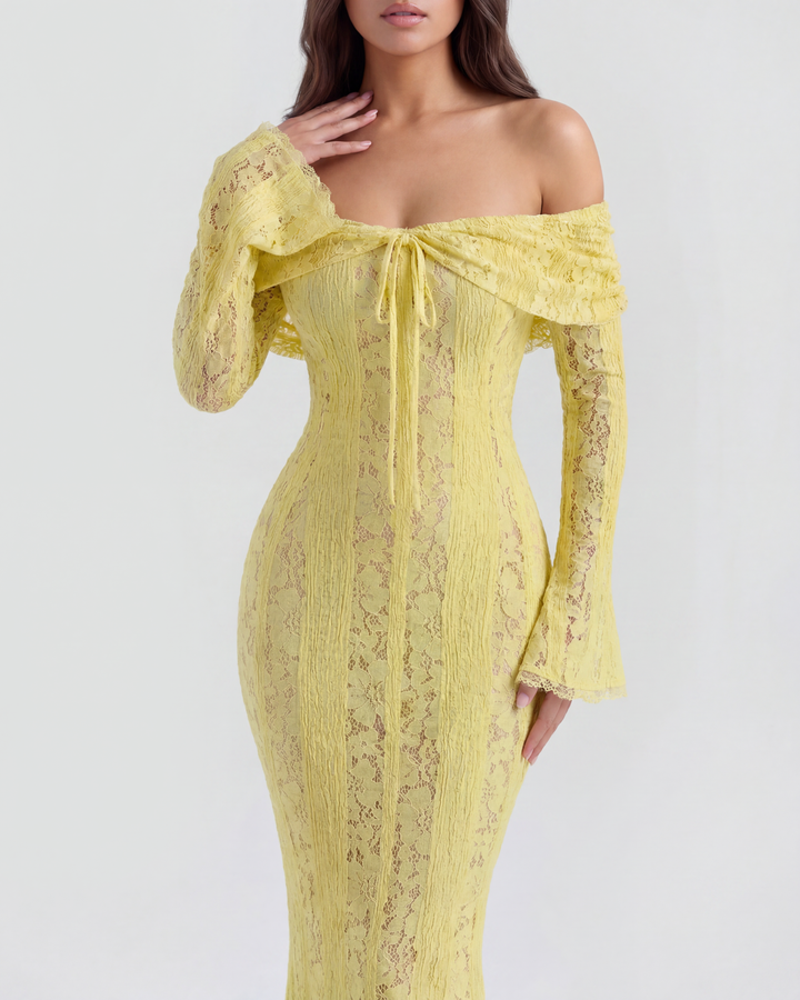 SOLEDAD - VESTIDO MAXI AMARILLO DE ENCAJE CON HOMBROS DESCUBIERTOS