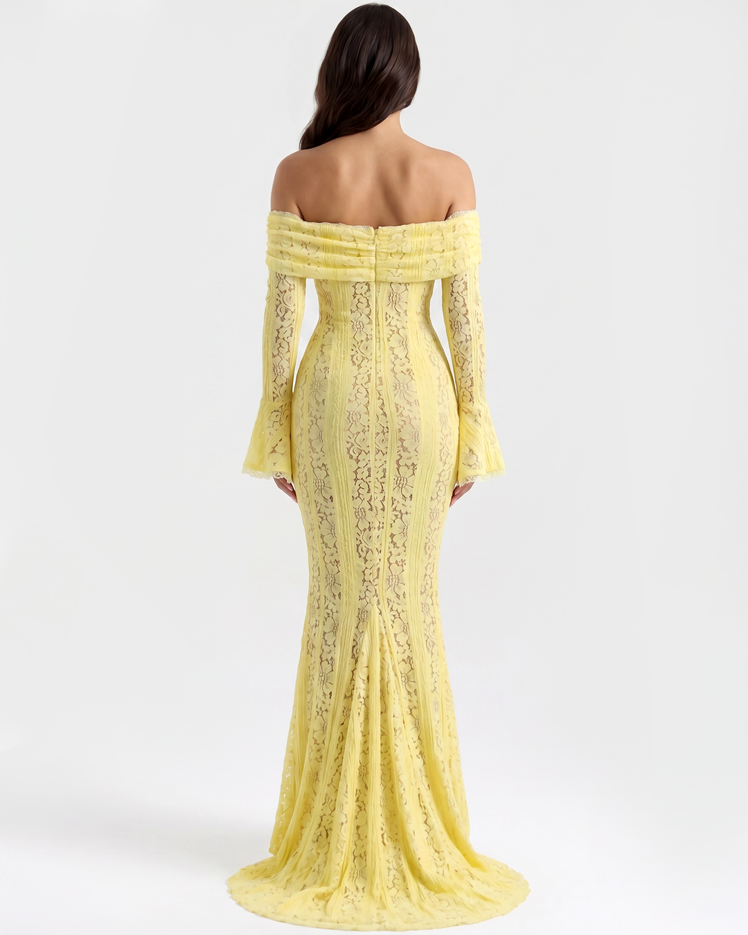 SOLEDAD - VESTIDO MAXI AMARILLO DE ENCAJE CON HOMBROS DESCUBIERTOS