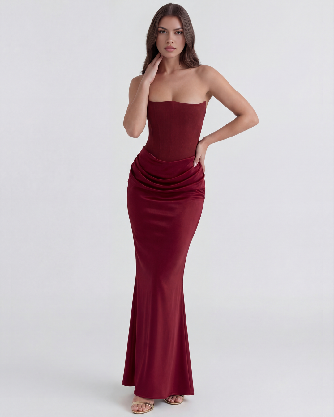 SONIA - VESTIDO MAXI CORSET SIN TIRANTES BURDEOS