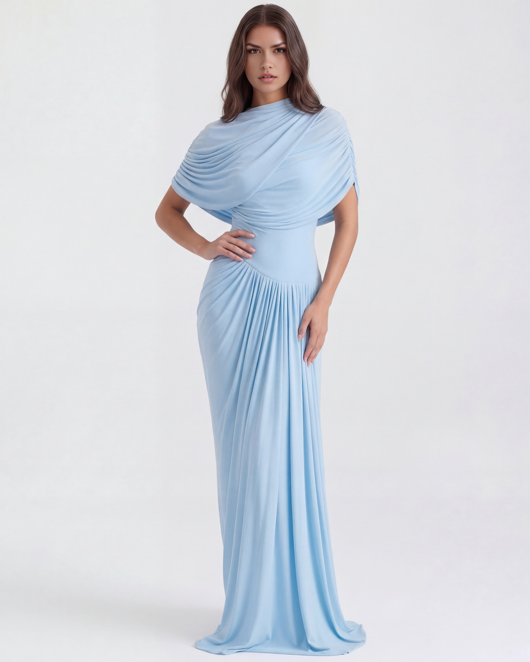 LUCIA - VESTIDO MAXI DRAPEADO ASIMÉTRICO CON CHAL AZUL BEBÉ