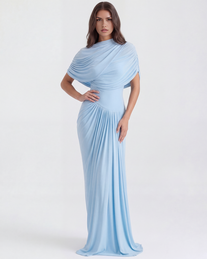 LUCIA - VESTIDO MAXI DRAPEADO ASIMÉTRICO CON CHAL AZUL BEBÉ