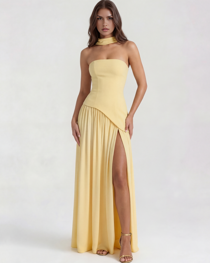 FERNANDA - VESTIDO MAXI ESCOTE ESCULPIDO AMARILLO SUAVE
