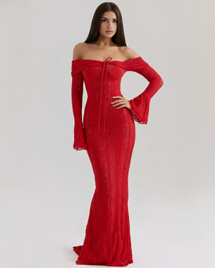ENCARNACIÓN - VESTIDO MAXI ROJO DE ENCAJE CON HOMBROS DESCUBIERTOS