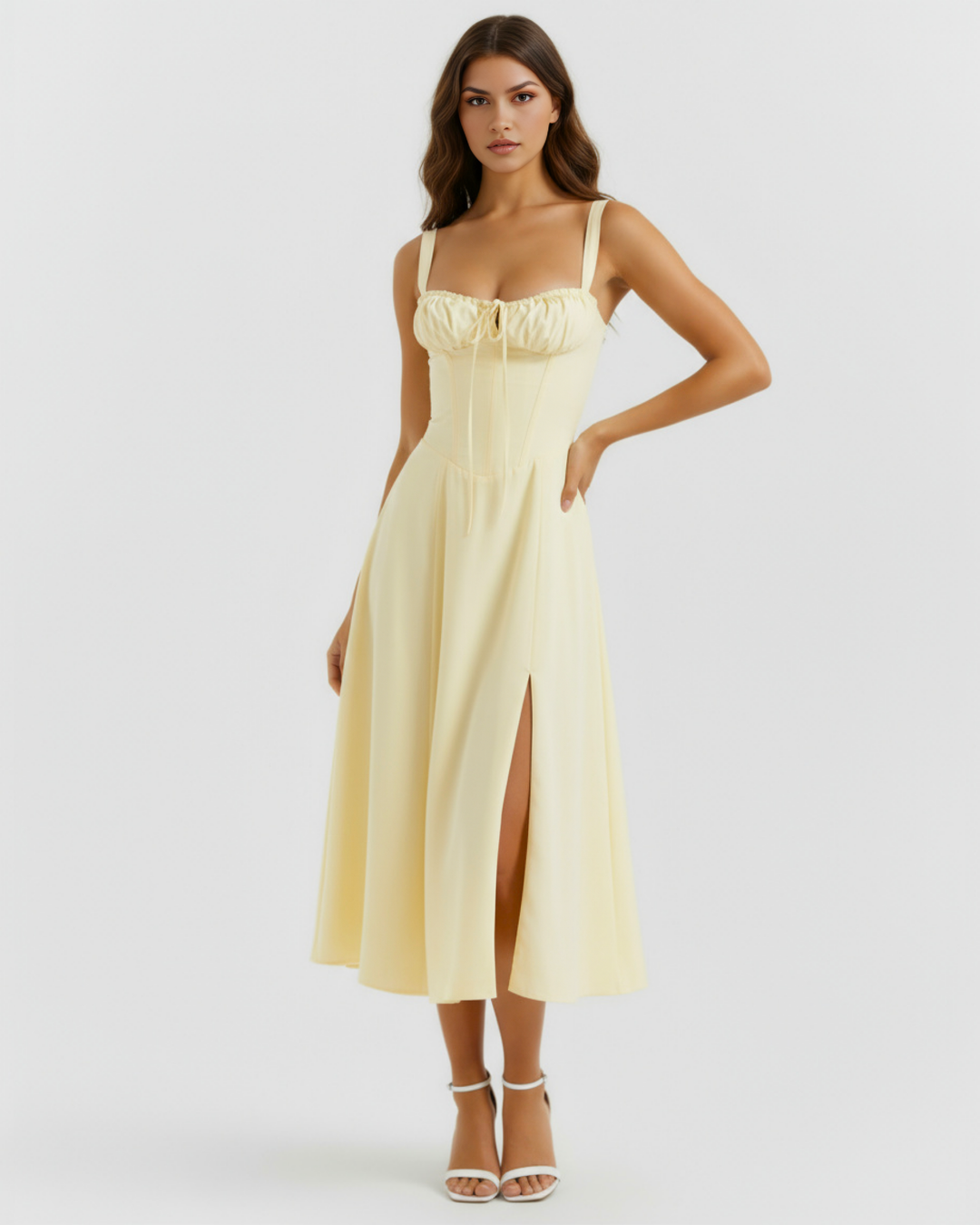 MIRIAM - VESTIDO MIDI CORSET CON ABERTURA LATERAL AMARILLO CLARO