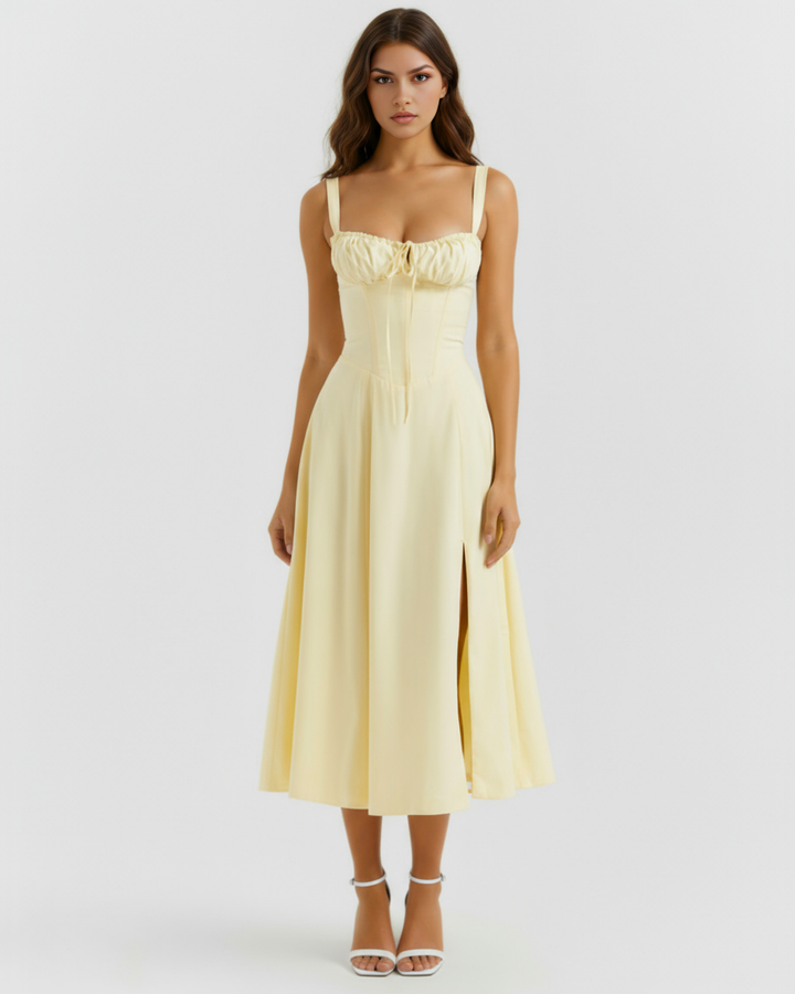 MIRIAM - VESTIDO MIDI CORSET CON ABERTURA LATERAL AMARILLO CLARO