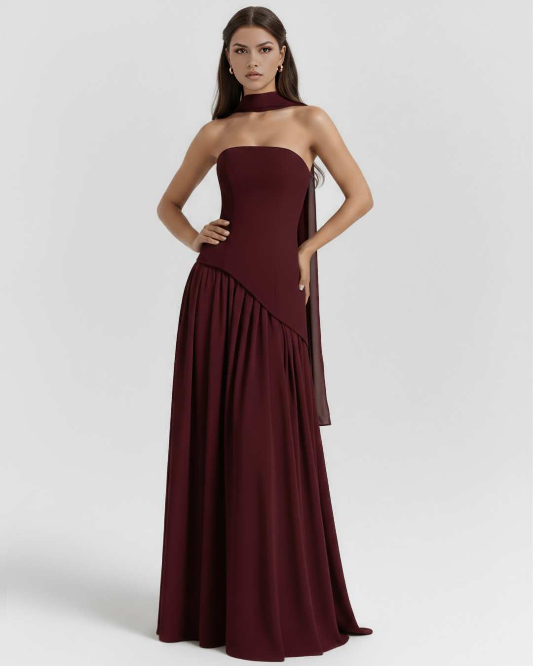 MARTA - VESTIDO MAXI ESCOTE ESCULPIDO BURDEOS