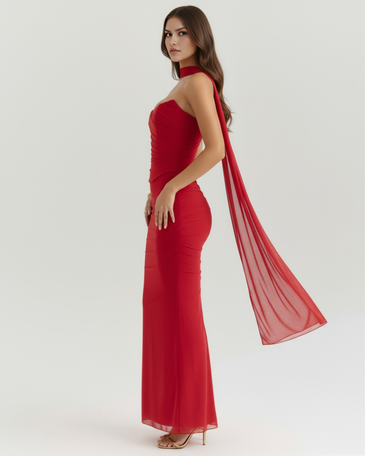 LOLA - CONJUNTO DOS PIEZAS ROJO EN MALLA CON FALDA MAXI