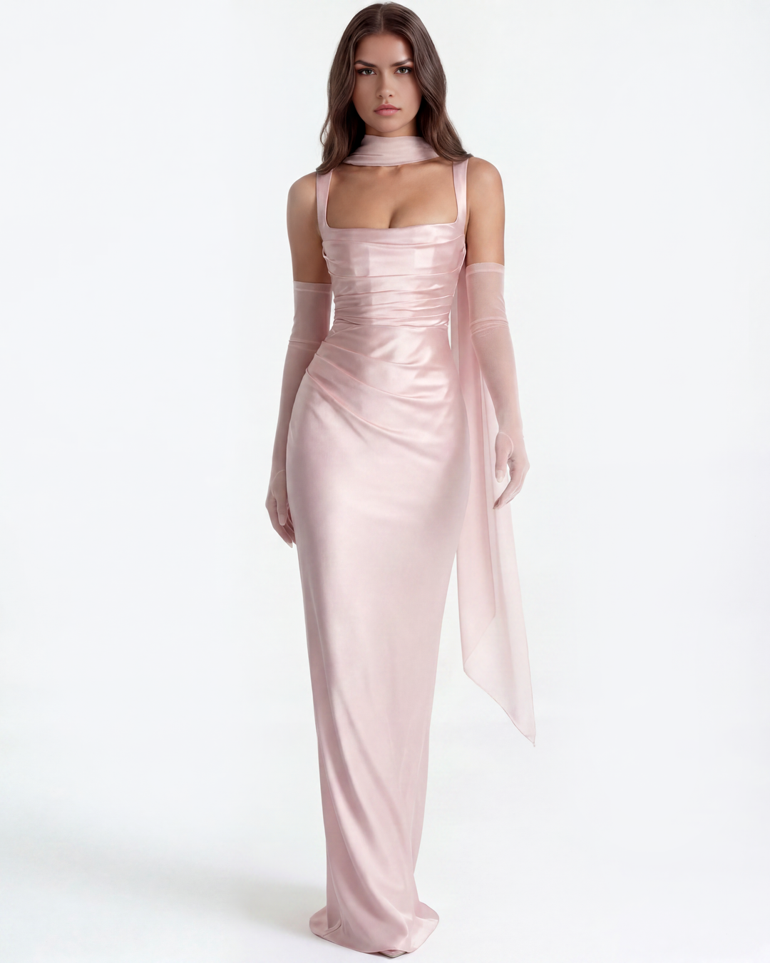 ROSA - VESTIDO MAXI ROSA SATÉN CON CORSÉ Y ESPALDA CRUZADA