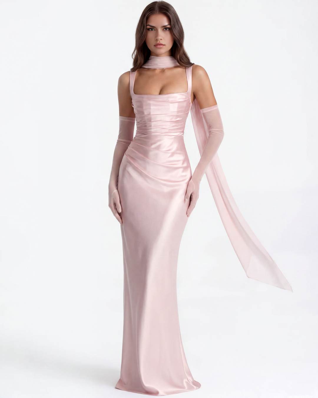 ROSA - VESTIDO MAXI ROSA SATÉN CON CORSÉ Y ESPALDA CRUZADA