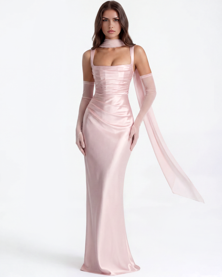 ROSA - VESTIDO MAXI ROSA SATÉN CON CORSÉ Y ESPALDA CRUZADA