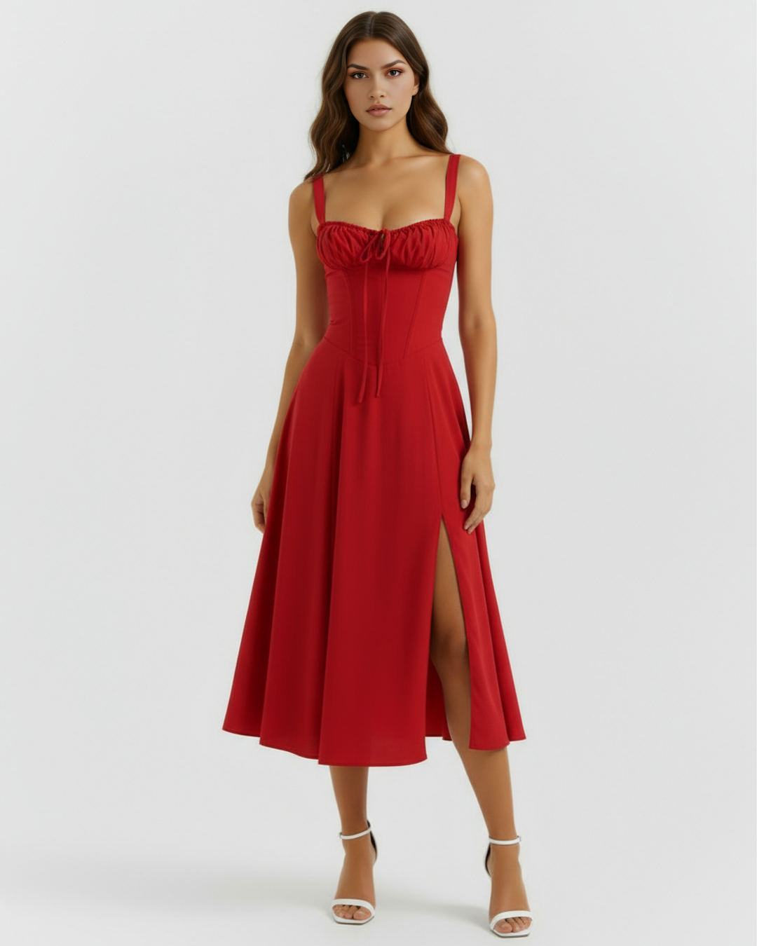 AMAPOLA - VESTIDO MIDI ROJO CON CORSÉ Y ABERTURA LATERAL