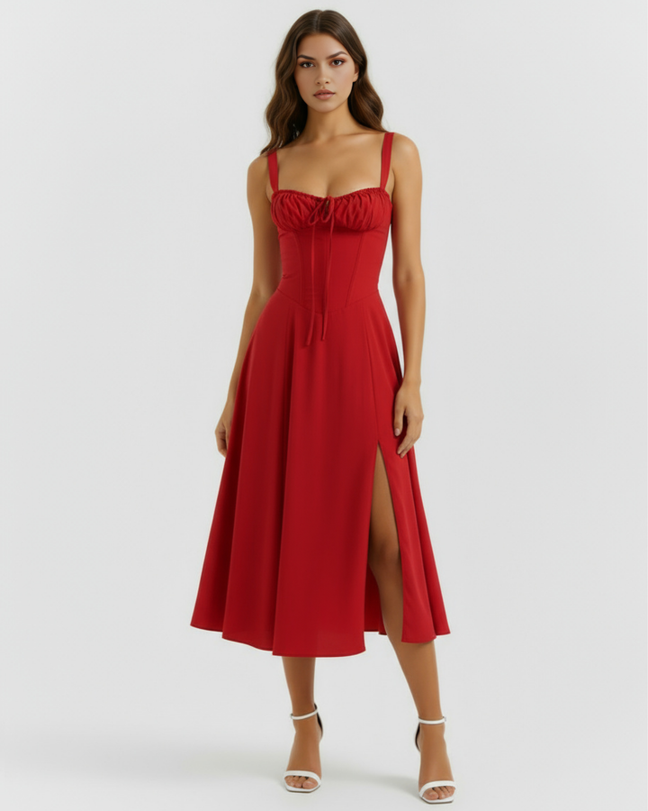 AMAPOLA - VESTIDO MIDI ROJO CON CORSÉ Y ABERTURA LATERAL