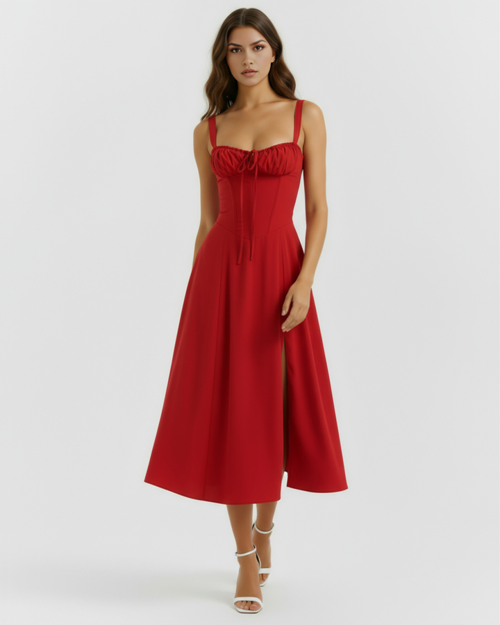 AMAPOLA - VESTIDO MIDI ROJO CON CORSÉ Y ABERTURA LATERAL