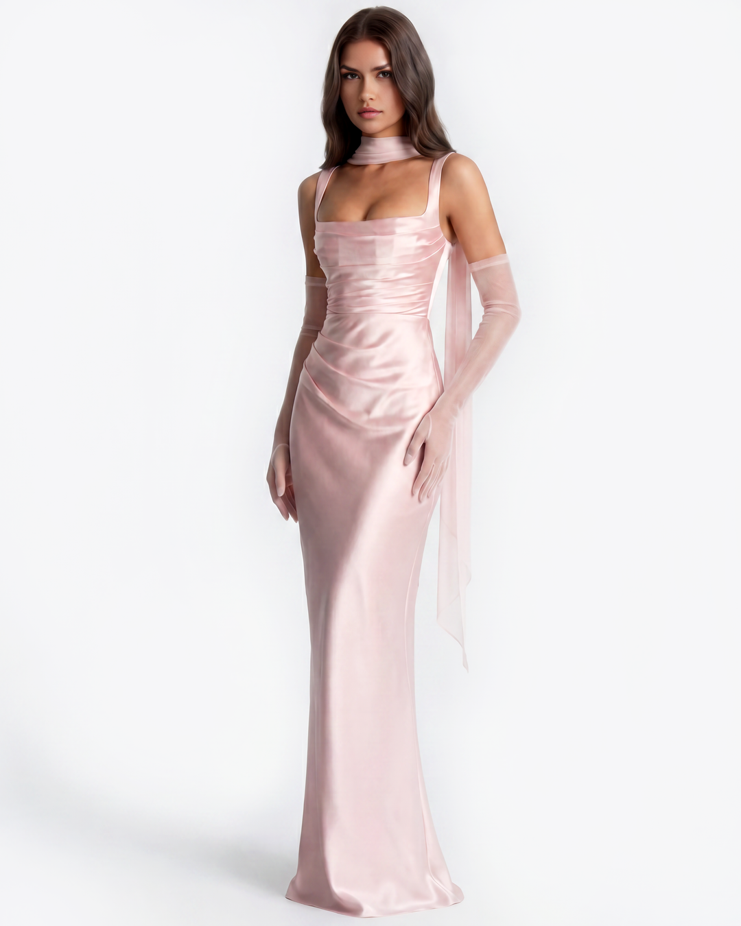 ROSA - VESTIDO MAXI ROSA SATÉN CON CORSÉ Y ESPALDA CRUZADA